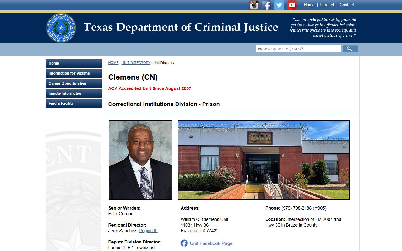 William C. Clemens Unit TDCJ facility profile for inmate lookup in Brazoria County
