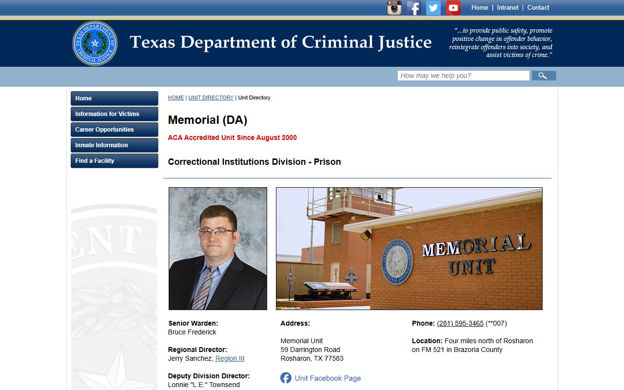 Memorial Unit TDCJ facility profile for inmate search in Brazoria County