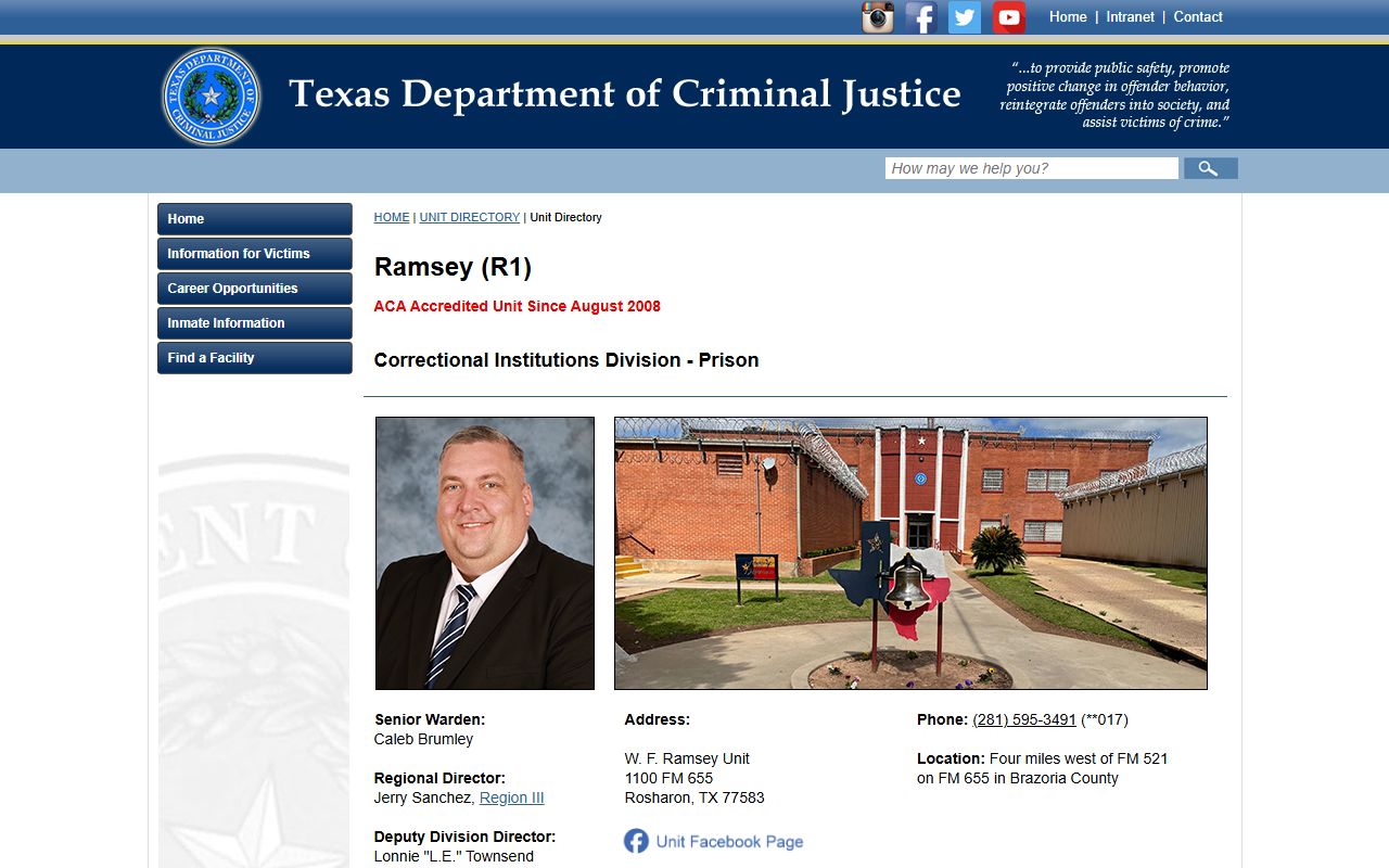 W. F. Ramsey Unit TDCJ facility profile for inmate search in Brazoria County