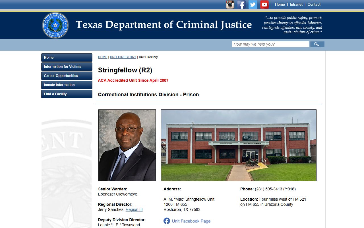 A. M. Mac Stringfellow Unit TDCJ facility profile for inmate lookup in Brazoria County
