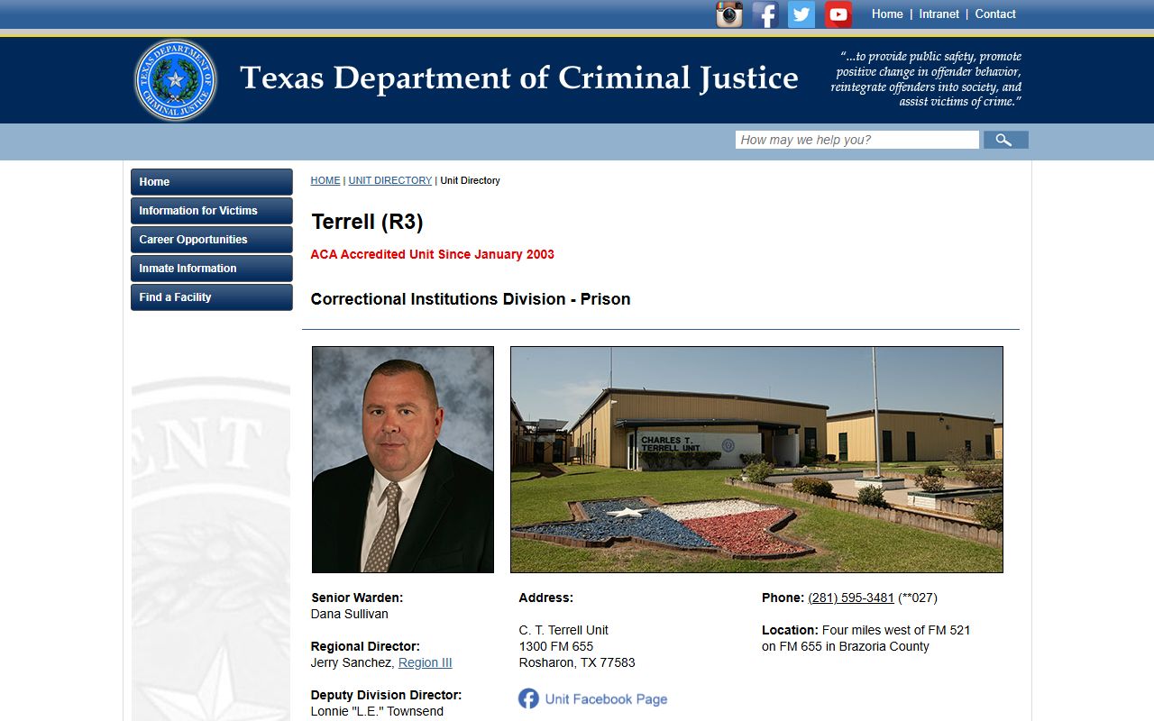 C. T. Terrell Unit TDCJ facility profile for prisoner lookup in Brazoria County