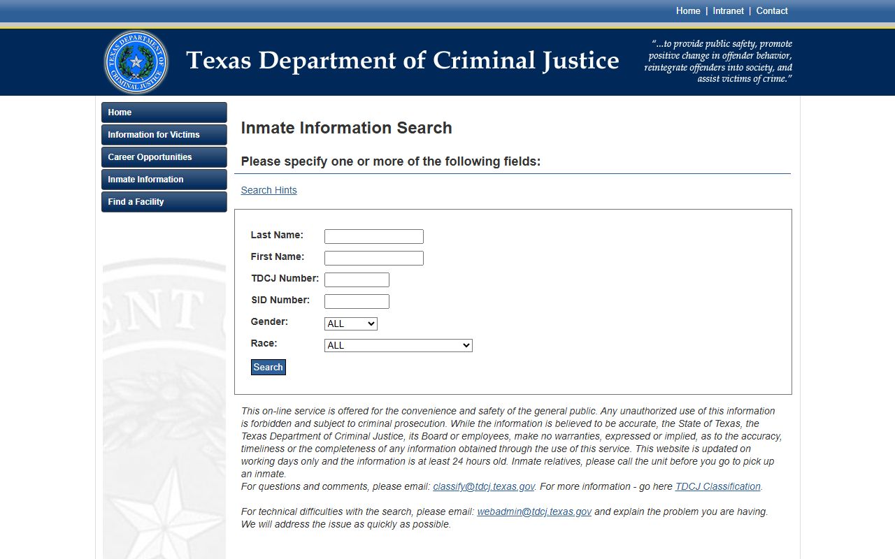 Texas TDCJ locator for Brazoria County sentenced inmate records